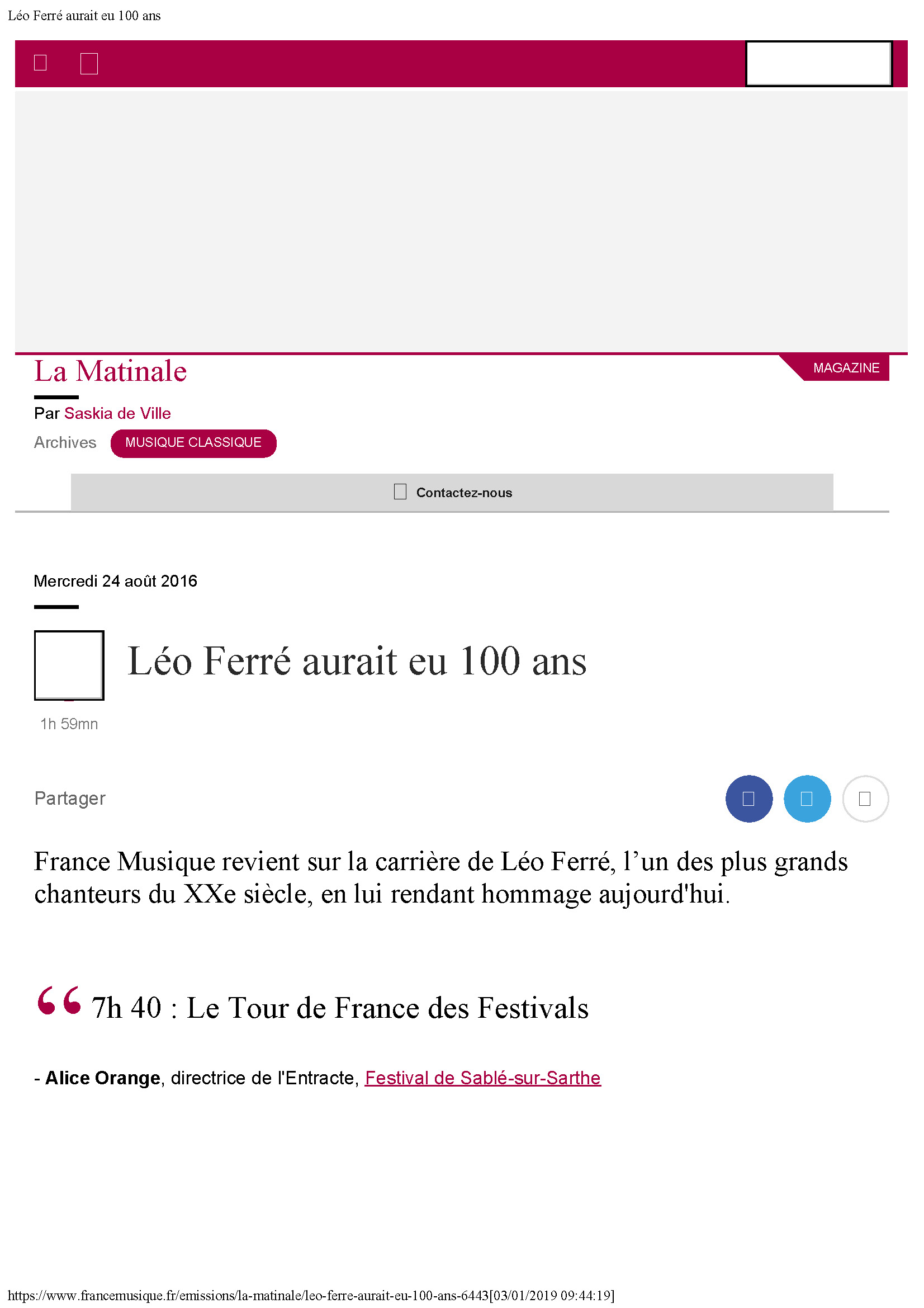 24/08/2016 France-Musique Centenaire de Léo Ferré Léo Ferré aurait eu 100 ans